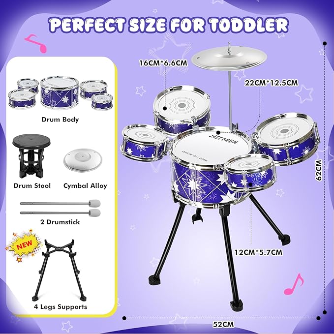Upgraded Drum Set for Toddler Toy Ages 2-4 Kids Jazz Drums Kit with Stool Musical Instrument Toys for 3 4 5 Year Old Girls Boys Gifts