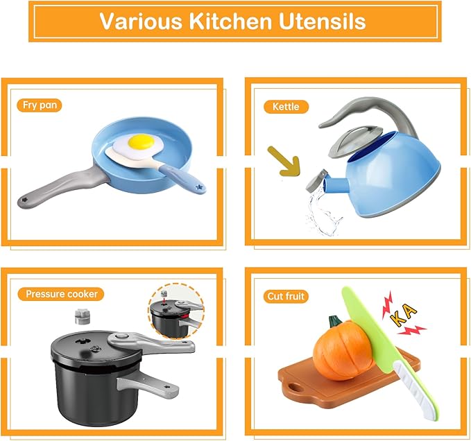 100Pcs Kitchen Playset, Kids Pretend Cooking Play Pots, Pans, Utensils, Cookware, Toy Food Fruits Veggies, with 2 Large Apple - Shaped Storage, Toddler Cooking Learning Gift (Blue