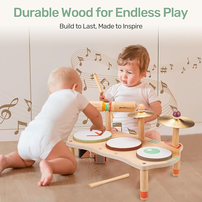 WINGYZ Baby Drum Set – 7-in-1 Wooden Musical Instruments for Toddlers 1-3, Montessori Kids Music Toys with Cymbal & Tone Block, Morandi Cat Design, Early Learning Gift for Boys Girls