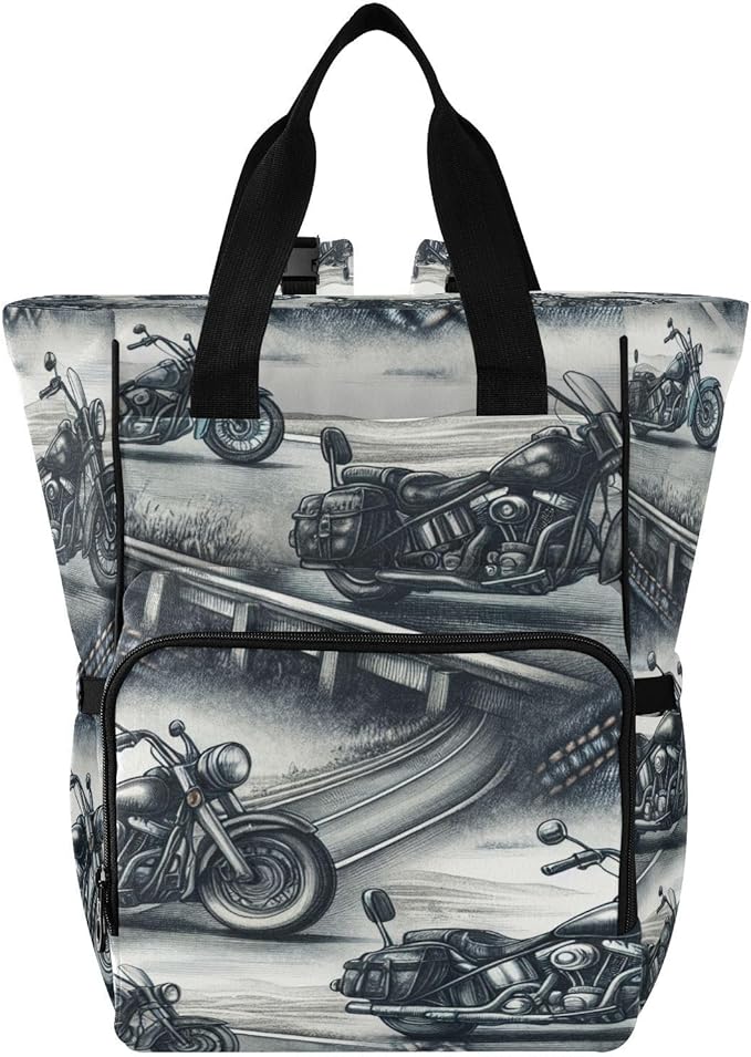 High Way Motorcycles Diaper Bag Backpack, Unisex Travel Baby Backpack Diaper Bags with Stroller Straps & Pacifier Case, Large Capacity Waterproof Diaper Backpack