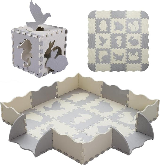 Foam Play Mat for Kids，25Pcs Square Interlocking Puzzle Floor Mat，Baby Play Mat Floor Mat Foam Puzzle Playmat for Toddlers with Fence（Animal-CSH039