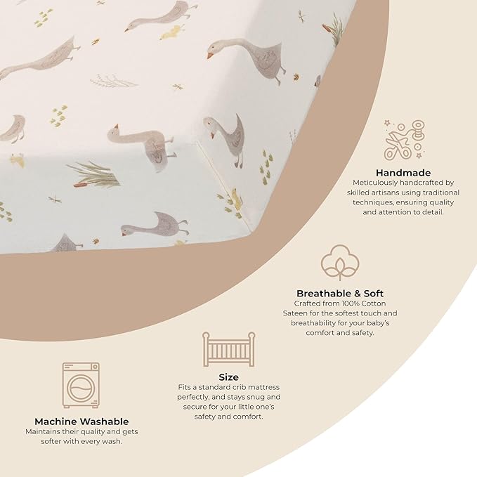 Crane Baby Charlie Farmhouse Goose Crib Fitted Sheet, 100% Cotton Baby Bed Sheets, Farm Nursery Decor, Crib Sheets for Boys and Girls, Baby Registry Gift, Goose Nursery Décor