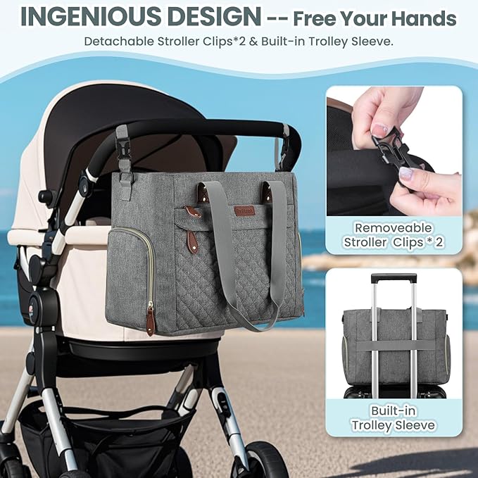 Diaper Bag Tote for Working Mom, Large Travel Diaper Tote for Mom and Dad with 14 Inch Laptop Sleeve, Mommy Maternity Travel Baby Bag for Boys and Girls, Grey
