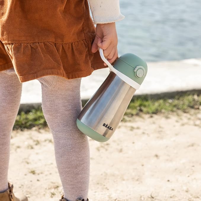BEABA Kids Stainless Steel Insulated Water Bottle, Kids Water Bottle, Toddler Thermos with Spill Proof Spout and Close Top, Perfect for Travel, (Sage)
