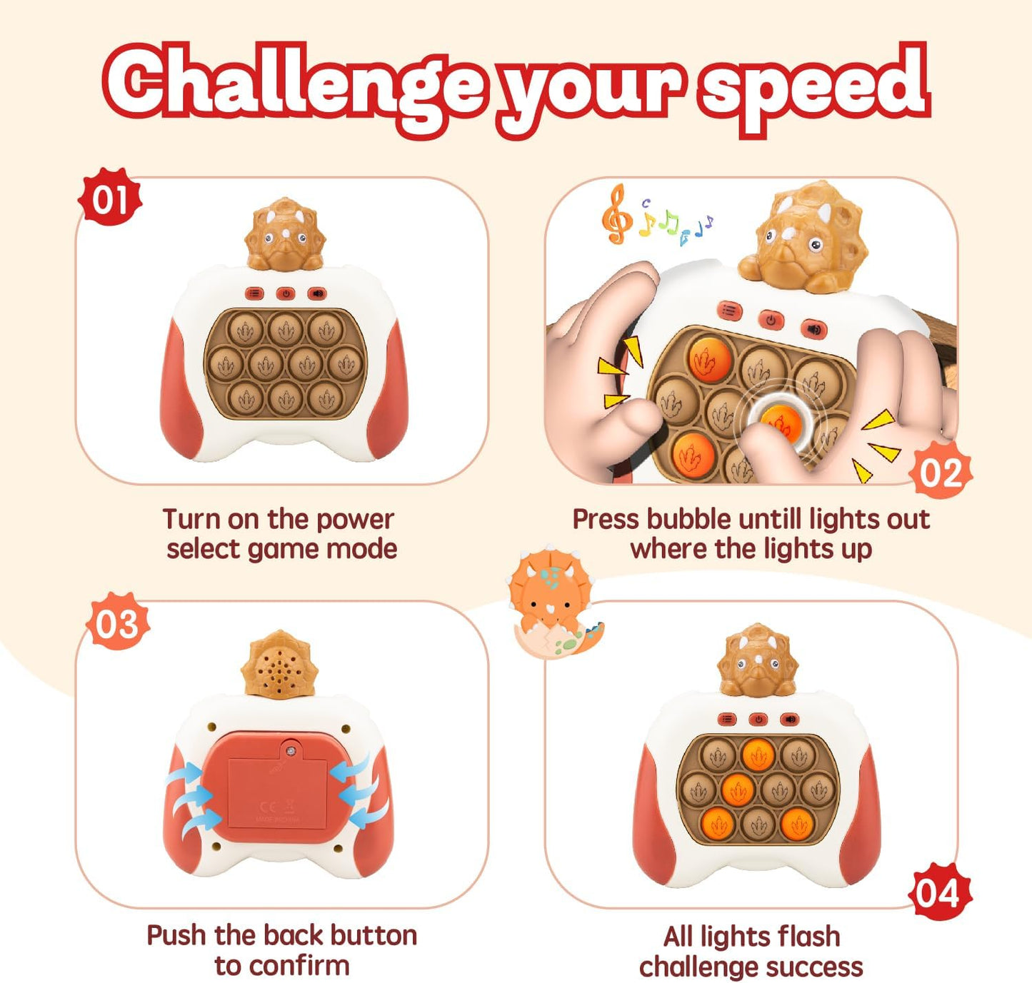 Fast Push Game,Light up pop Game Light up Fidget Toy,Fast Quick Push Bubble Game,pop pro Light up Game,Quick Push pop Game Birthday Xmas Gifts for Boys Girls Adults (Triceratops:Brown)