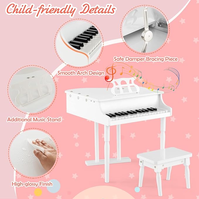 Goplus 30-Key Classical Kids Piano, Mini Grand Piano Wooden Learn-to-Play Musical Instrument Toy with Bench, Piano Lid, Music Rack, Gift for Boys Girls Aged 2+ Baby Toddler(3 Straight Leg-White)