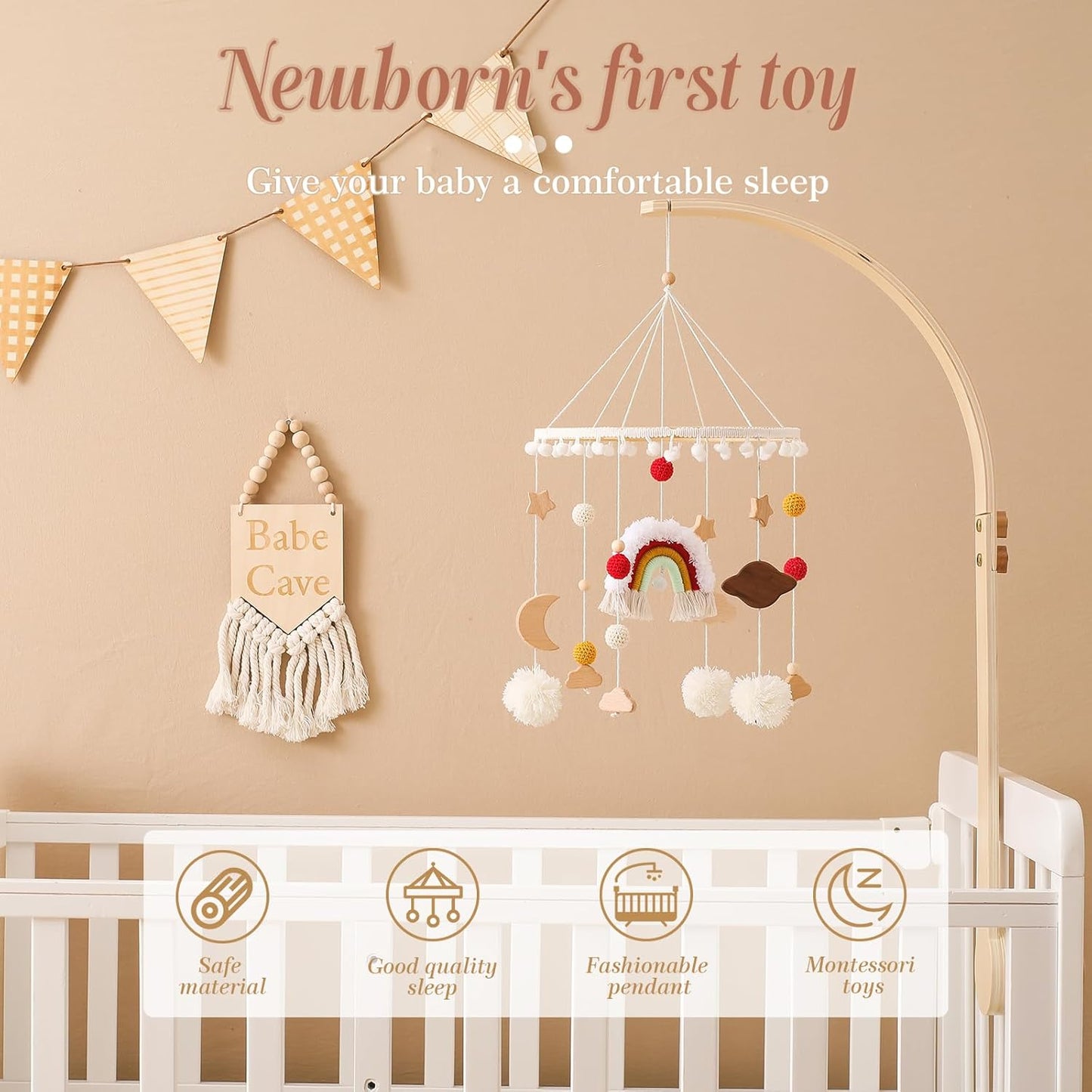 Baby Crib Mobile for Boys Girls Rainbow Nursery Mobile Gender Neutral Hand-Crocheted Mobile Ceiling Mobile - Rainbow, Clouds, Moon