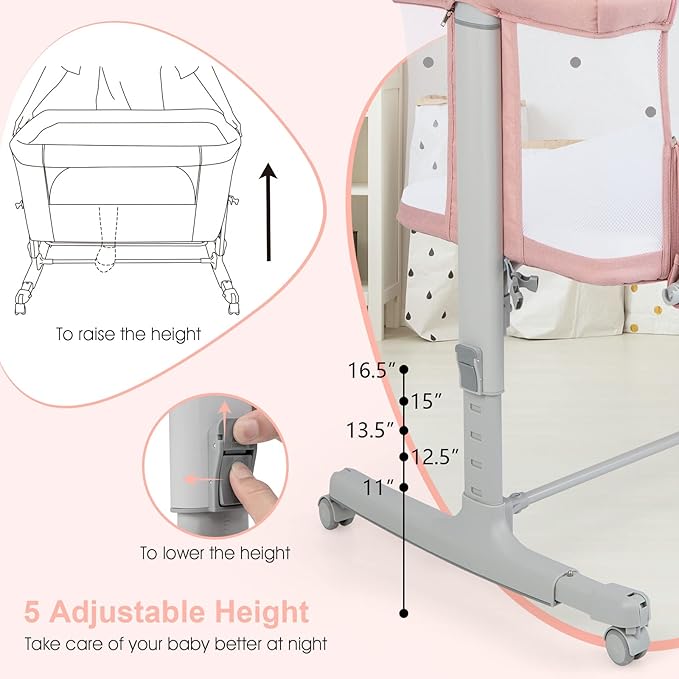 INFANS 3 in 1 Baby Bassinet, Bedside Sleeper for Newborn, Folding Crib with Mattress, Travel Bag, Wheels, 4-Sided Mesh, Easy to Assemble Cradle Co Sleeper Stationary, Rock (Pink)