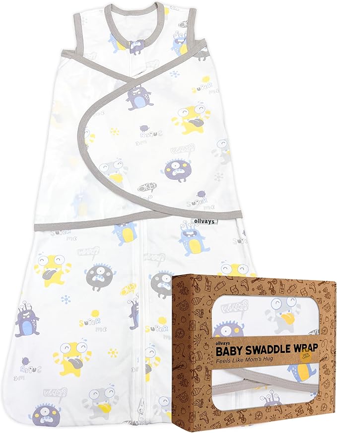 Baby Swaddle Sleep Sack, nursery essentials, easy night time diaper change 100% Cotton, (Medium, Baby Monster)