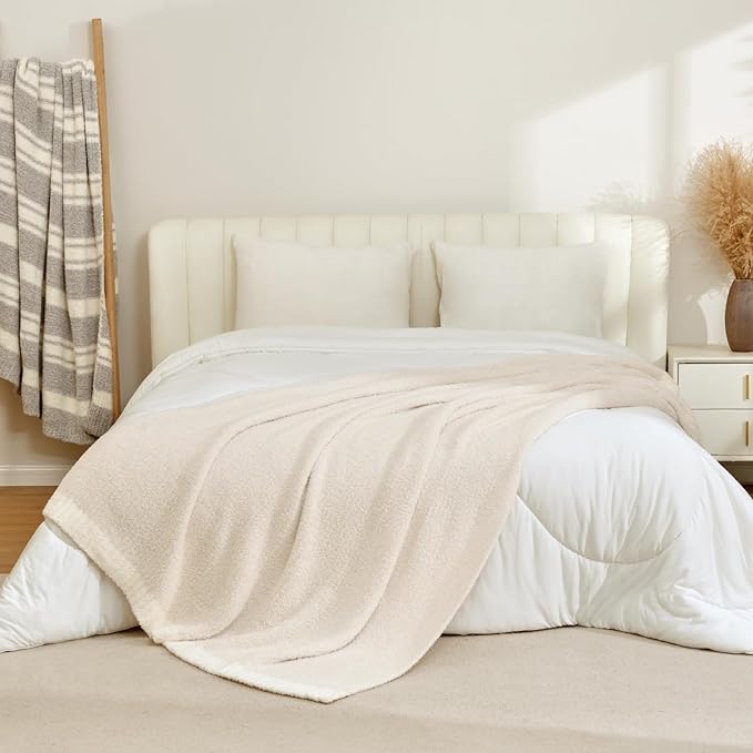 Snuggle Sac Queen Size Oversized Super Soft Bed Blanket - Warm & Cozy Knit Fuzzy Microfiber Blankets in Heather Ivory, 90 x 90