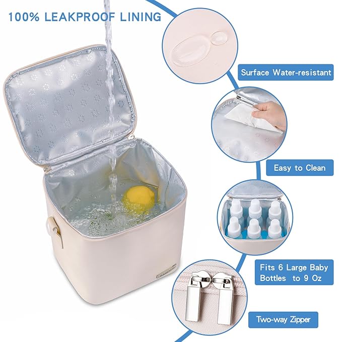 Breastmilk Cooler Bag with Ice Pack Fits 6 Baby Bottles Up to 9 Ounce, Baby Bottle Bag with Shoulder Strap for Nursing Mom Daycare, Cream