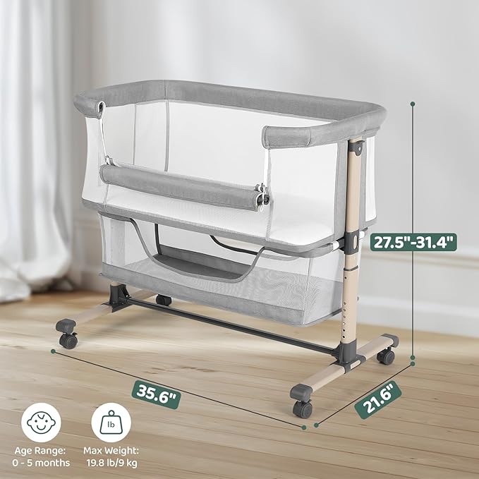 Cowiewie Bassinet Bedside Sleeper, Portable, Breathable, Adjustable Baby Bedside Bassinet for Peaceful Nights, Light Grey