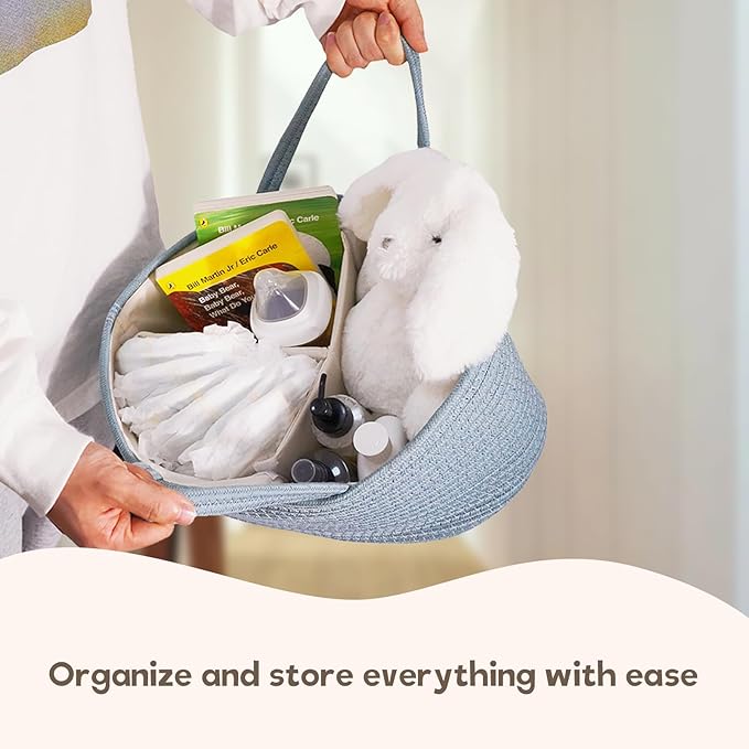 Baby Diaper Caddy Organizer, Extra Large Cotton Rope Nursery Diaper Basket, Changing Table Organizer, Portable Tote Bag with Divider, Car Storage, Baby Shower Gifts for Newborn Girls - Lake Blue