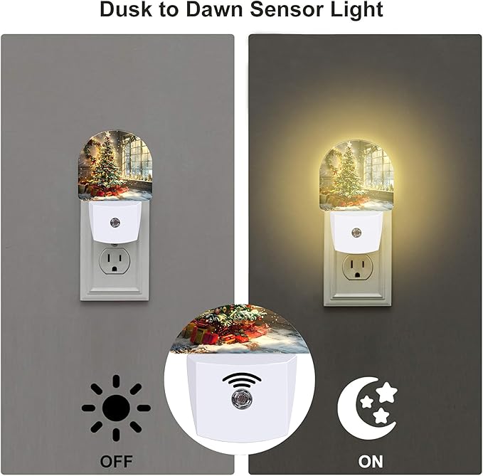 Christma Room Full of Gifts Night Light, Christmas Tree with Red and Gold Ornaments Dusk to Dawn Plug in, 0.5w Energy Saving Sleep Friendly NightLight for Kids Boys Girls Home Decor