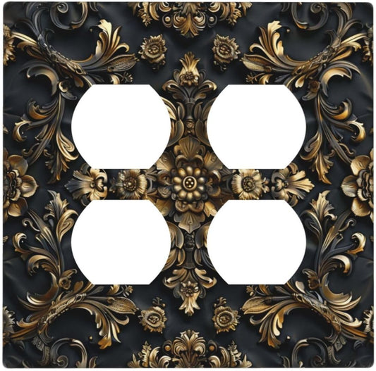 Decorative Outlet Covers Rococo Vintage Black Golden Leaf Morris Vine 2 Gang Wall Plate Cover Double Duplex Receptacle Two Switch Light Switch Cover Plate Jumbo Dual Faceplate