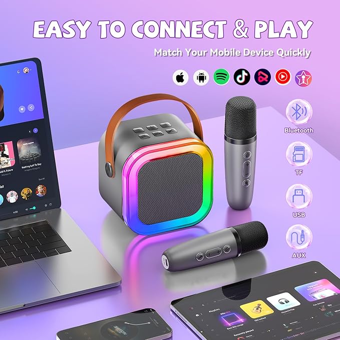 【2025 Newest】 Mini Karaoke Machine for Kids Girls & Boys - Portable Bluetooth Speaker with 2 Wireless Microphones - Kids Birthday Gifts for Ages 4-10 - Kids' Instrument Accessories - Space Gray