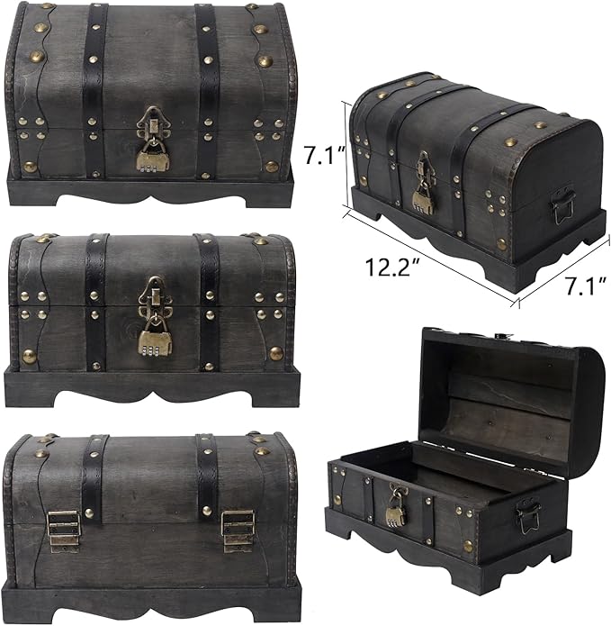 Vintage Wooden Treasure Chest Decorative Box with Lock - 12.2" x 7.1" x 7.1", Black