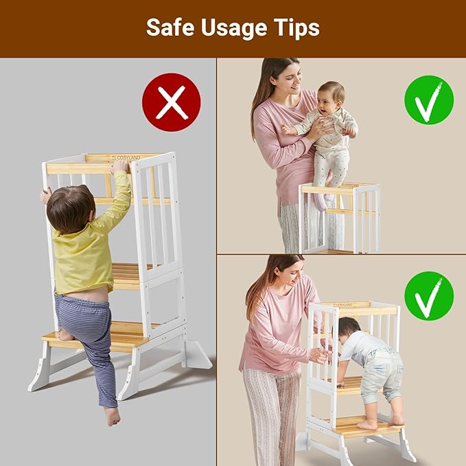 COSYLAND Kitchen Tower for Toddlers with Anti-Tip Support – Lightweight Toddler Kitchen Stool Helper for Bathroom Living Room Dining Room – Solid Bamboo Standing Tower (Natural & White)