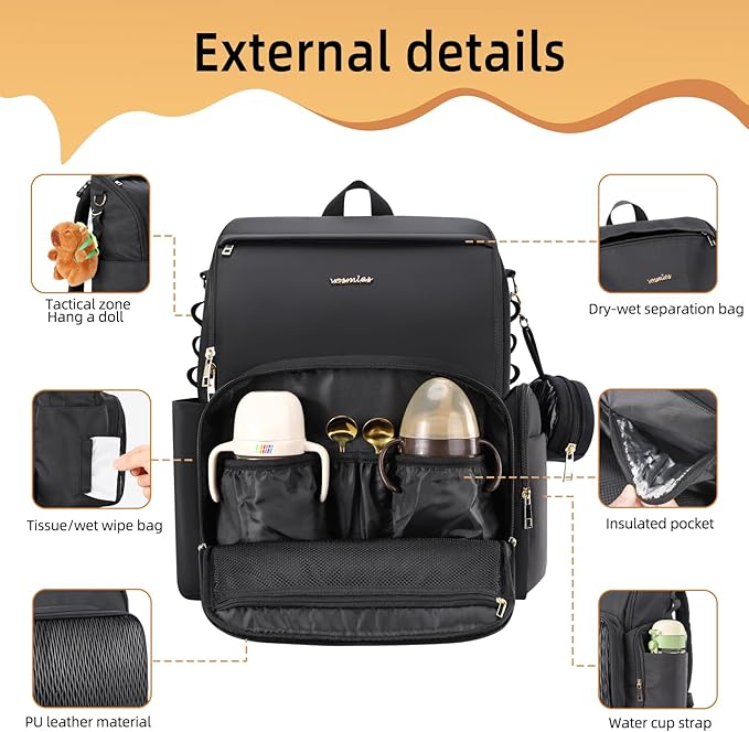 Stylish Baby Diaper Bag, Baby Bag with Changing Pad, Pacifier Case& Stroller Straps, Large Diaper Backpack Boy Girl, Water Resistant Travel Diaper Backpack for Mom Dad