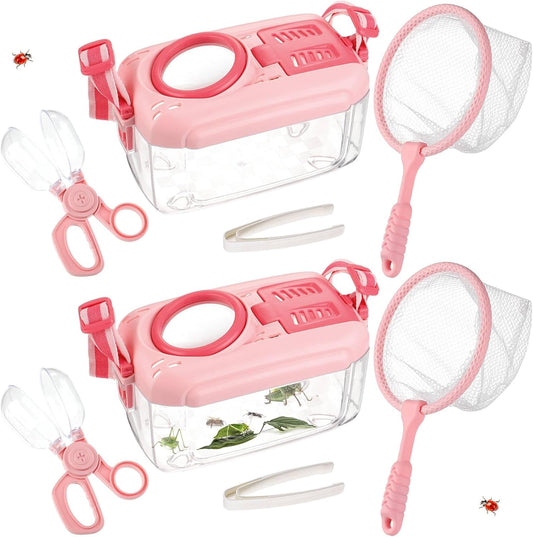 2 Set Bug Catcher for Kids- Educational Bug Catching Kit Including Butterfly Net, Insect Clip, Tweezer, Outdoor Toys for Kids Ages 3-10 (Pink)