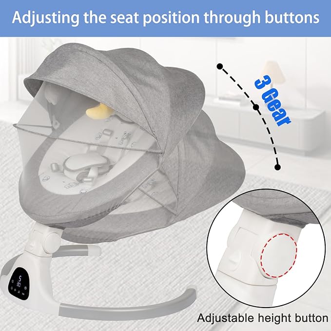 Baby Swing for Infants to Toddler Portable Babies Swing Timing Function 5 Swing Speeds Bluetooth Touch Screen Music Speaker with 10 Preset Lullabies 5-Point Carabiner (Light Grey)