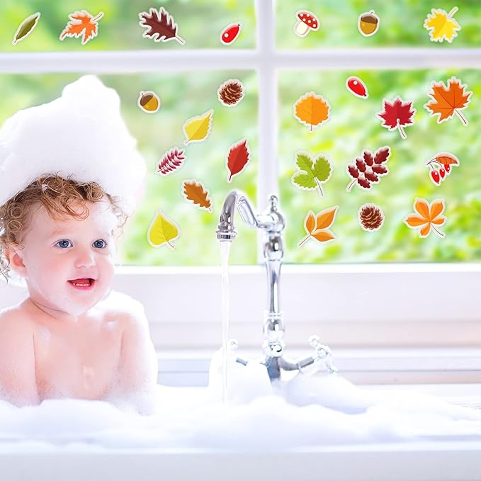 20 PCS Fall Thick Gel Cling Autumn Leaves Window Gel Clings Decals Stickers for Kids, Toddlers and Adults Home Airplane Classroom Nursery Thanksgiving Party Supplies Decorations Removable and Reusable