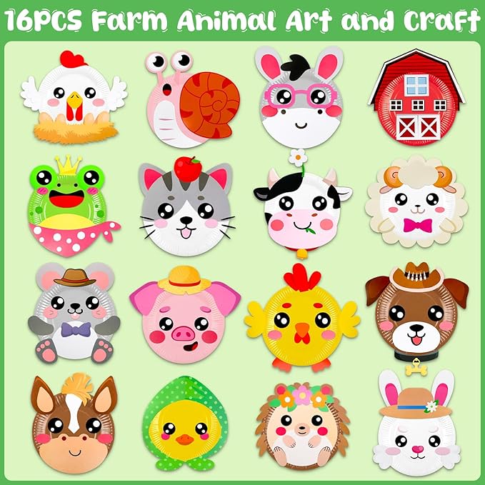 16 Pack Arts and Crafts for Kids, Toddler Crafts Animal Paper Plate Art Kit Gift for 3 4 5 6 Year Old Boys Girls DIY Kids for Birthday Party Favor Preschool Classroom Party Games (Farm)
