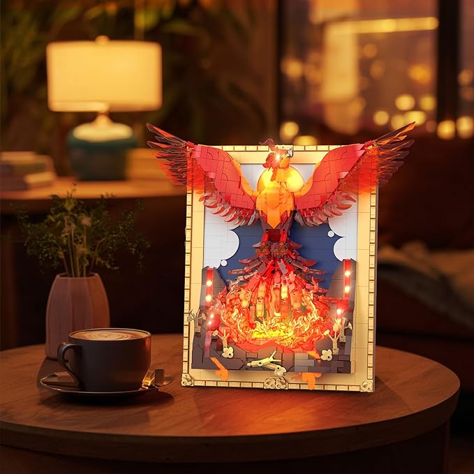JMBricklayer Phoenix Nirvana Building Block Sets for Adults with LED Lights, Wall Art Crafts Painting Frame Building Set Magic Fire Phoenix Collection Model Bird Toy Gift Room Home Office Decor