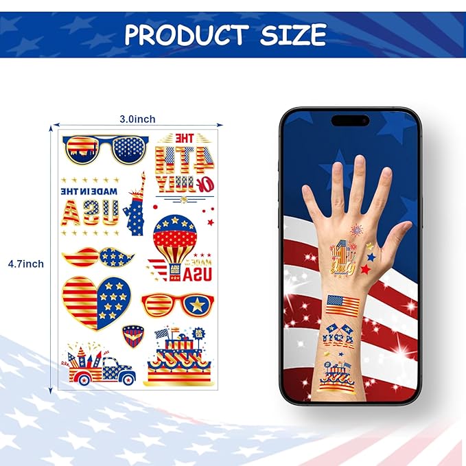 JCFIRE 4th of July Decorations, 100 PCS Temporary Tattoos for Kids Adults, Patriotic Decorations, Fourth of July Accessories, Red White And Blue Party Supplies for Independence Day