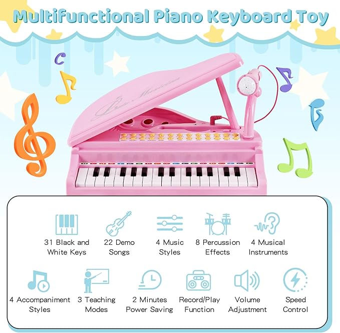 Costzon Kids Piano, 31 Key Mini Grand Piano Toy Keyboard with Microphone, Stool & Lights, Portable Electronic Piano Educational Musical Instrument Toy, Birthday Gift for Toddler Boys Girls (Pink)