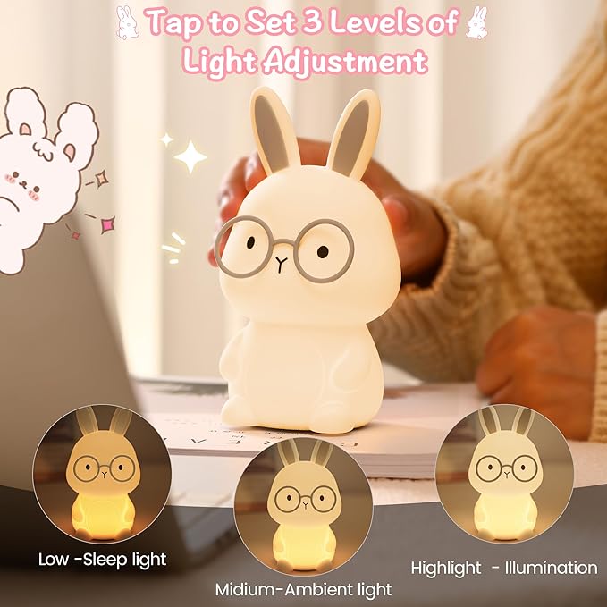 Bunny Night Light, Rabbit Lamp for Kids, Rechargeable LED Nightlight for Easter Gift,Silicone Bedside Lamp with Touch Color Changing,3 Levels Dimmable/Timmer Nursery Bedroom Light,Room Decor