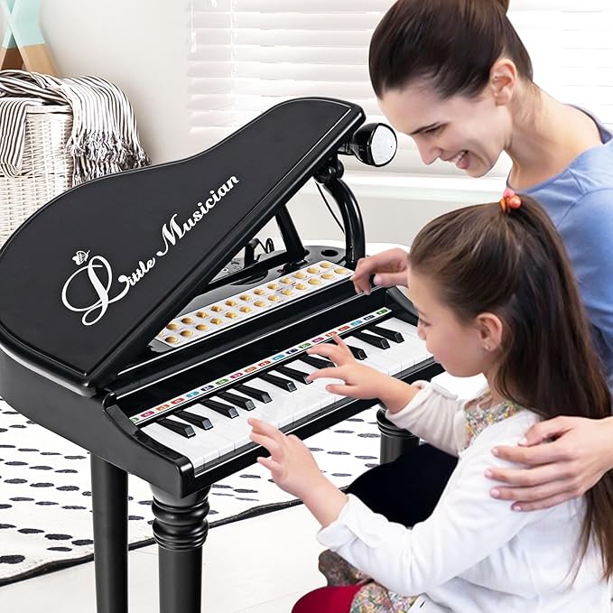 Costzon Kids Piano, 31 Key Mini Grand Piano Toy Keyboard with Microphone, Stool & Lights, Portable Electronic Piano Educational Musical Instrument Toy, Birthday Gift for Toddler Boys Girls (Black)