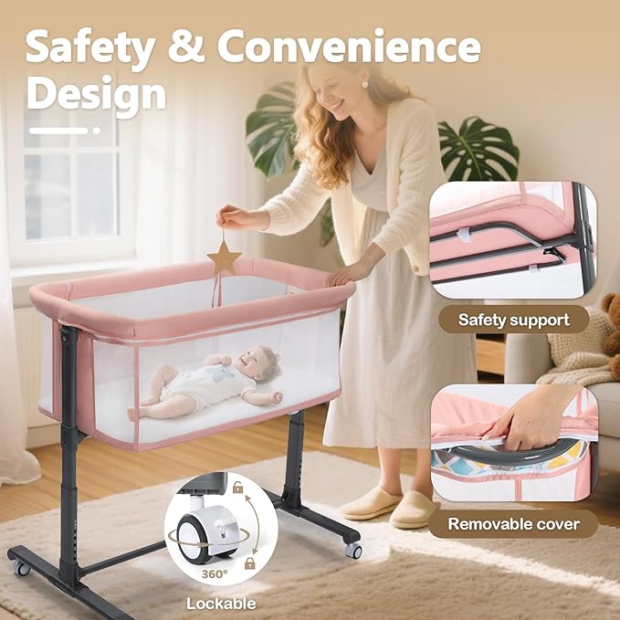 Kinder King Baby Bassinet w/Wheels, Folding Portable Newborn Bedside Sleeper, All-Sided Mesh Infant Crib, Adjustable Height, Removable Soft Mattress, No Tool to Assemble, Pink