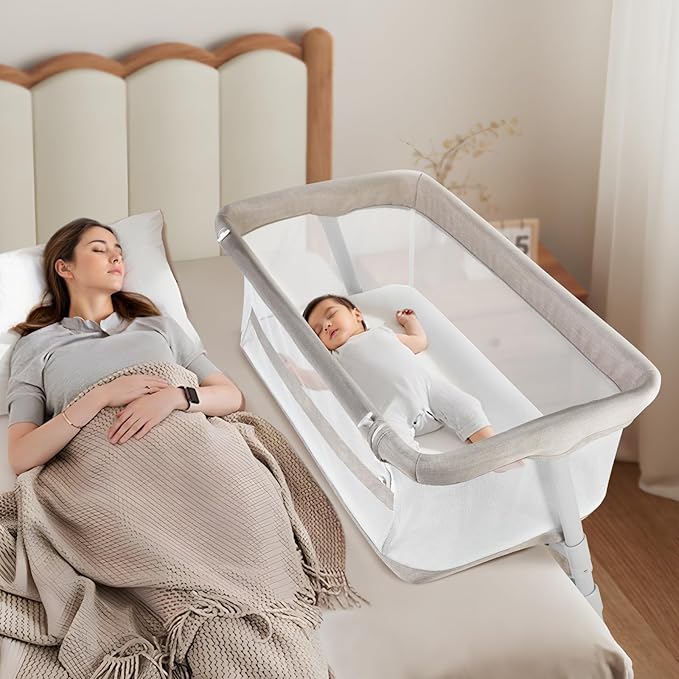 Cowiewie Bassinet Bedside Sleeper,Baby Bassinets Higher Place on Bed,5-Position Adjustment Baby Crib,Breathable 360°All-Around Mesh Sides Bedside Bassinet,Space-Saving Bedside Cribs, Beige