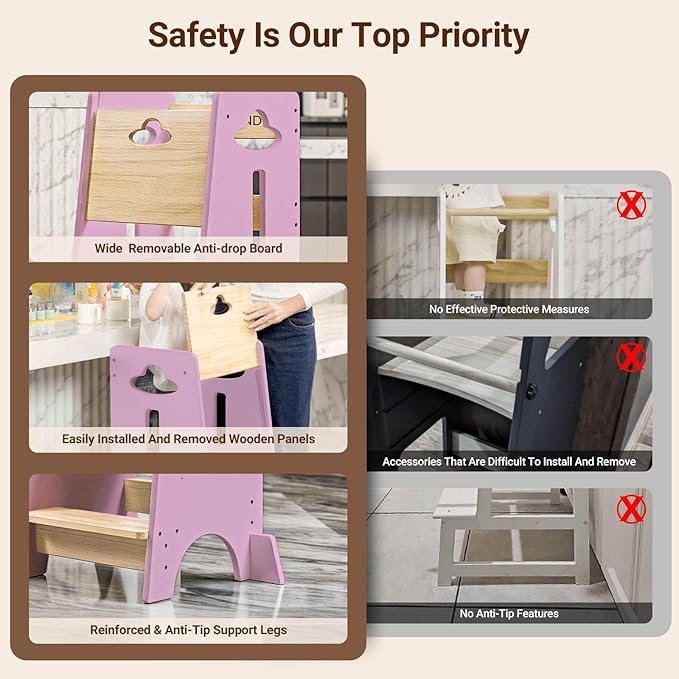 COSYLAND Toddler Standing Tower Adjustable Height - Super Stable Kids Kitchen Stool Helper - 3 Levels Adjustable Wooden Toddler Kitchen Stool (Natural & Pink)