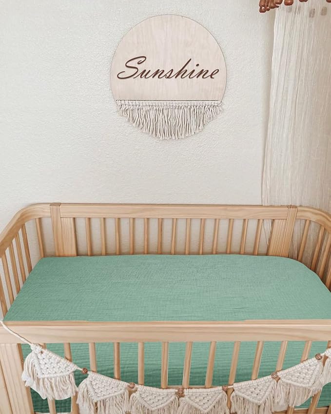 Mini Crib Sheets for Baby, Fitted Pack N Play Mattress and Mini Cribs 24" x 38", Neutral Muslin Cotton Mini Crib Mattress Sheet with Boho Style, Soft and Breathable Comfort (Roman Green)