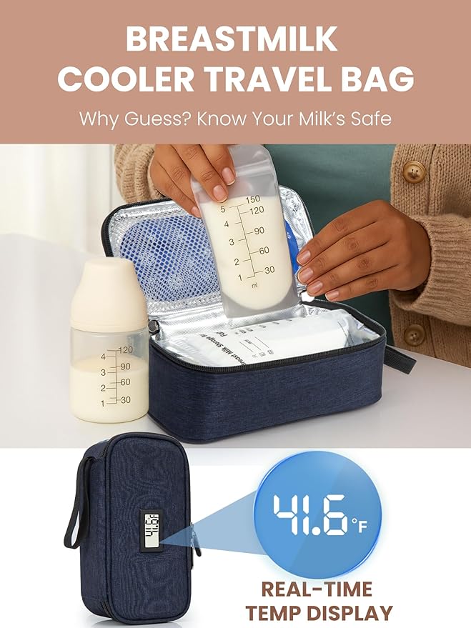 Breast Milk Cooler Travel Bag, Real-Time Temperature Display, Holds 4-6 Breastmilk Storage Bag with 2 Breast Milk Ice Pack, Cooling & Waterproof Portable Cooler for Moms on The Go(Navy Blue)