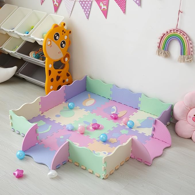 Foam Play Mat for Kids，25Pcs Square Interlocking Puzzle Floor Mat，Baby Play Mat Floor Mat Foam Puzzle Playmat for Toddlers with Fence（Mash Up-CSH023