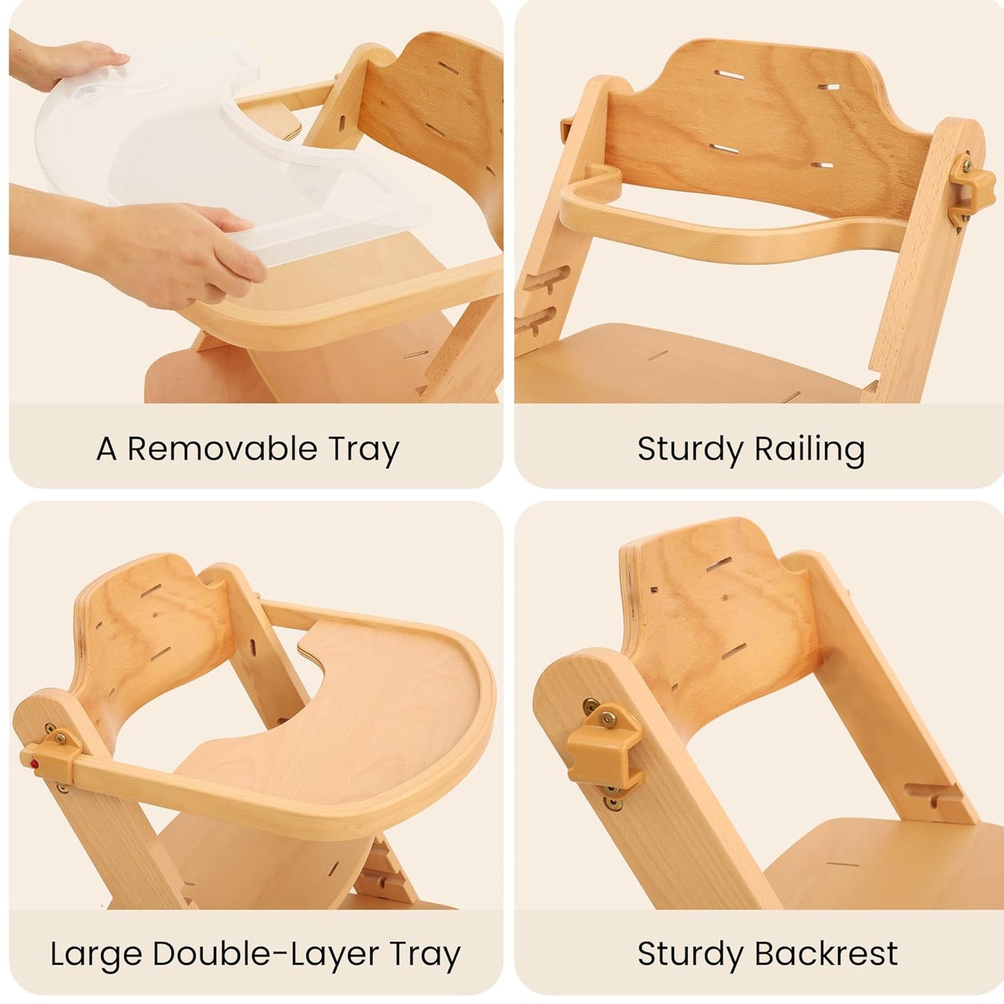 High Chair for Babies and Toddlers, Wooden Highchair with Adjustable Seat & Convertible Footrest Heights, Baby Feeding Chair with Safety Harness & Removable Double Layer Tray