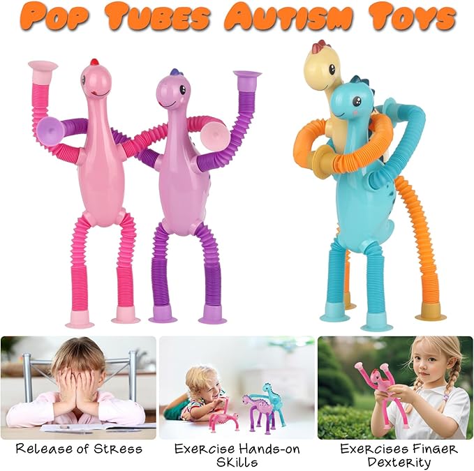 4 Pcs Telescopic Suction Cup Toy, Pop Tubes Sensory Toys for Toddlers, Educational Fidget Toys Dinos Party Favors for Anxiety Kids Basket Stocking Stuffer for 3-9 Year Old Boy Girl
