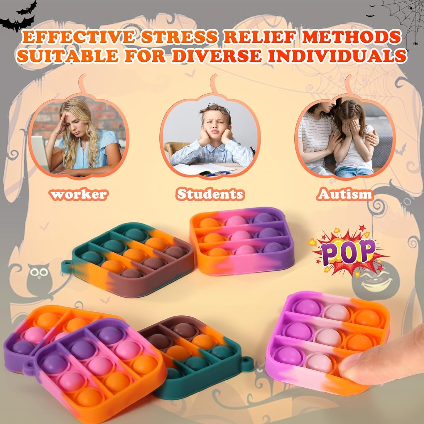 64Pack Halloween Mini Pop Fidget Toys Pack with Cartoon letter Party Favors, Silicone Squeeze Pop Bubble Fidget Bulk Sensory Toys, Pop Keychain Bubble Toy Party Bag Fillers for Kids, Wrap Pop Toy