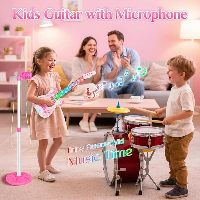 Electric Guitar and Microphone Set for Kids, Toddlers Musical Instruments Starter Kit with Guitar Microphone Lifting Stand, Pink Karaoke Machine with Mic for Boys Girls Infant Christmas Gifts