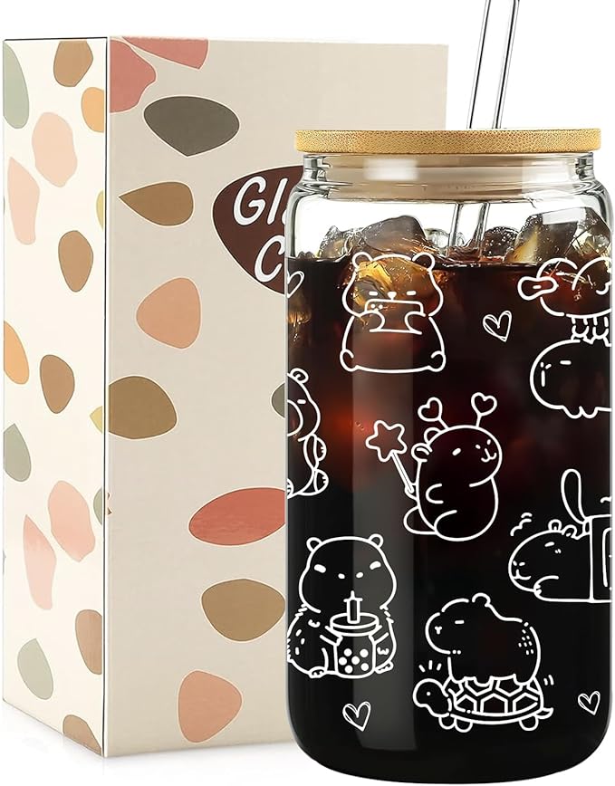 Cute Capybara Stuff - Glass Cup with Lid and Straw, Capybara Gifts for Women Girls, Funny Birthday Decoraions, Iced Coffee Cup Smoothie, 16 oz