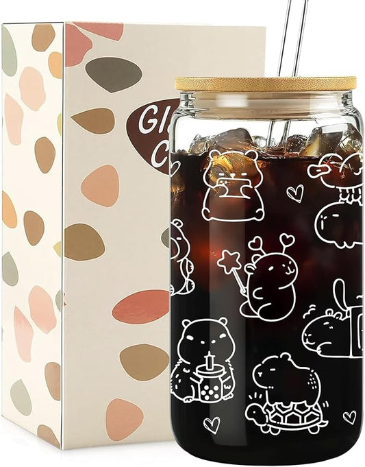 Cute Capybara Stuff - Glass Cup with Lid and Straw, Capybara Gifts for Women Girls, Funny Birthday Decoraions, Iced Coffee Cup Smoothie, 16 oz