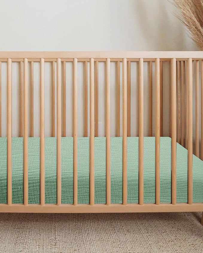 Mini Crib Sheets for Baby, Fitted Pack N Play Mattress and Mini Cribs 24" x 38", Neutral Muslin Cotton Mini Crib Mattress Sheet with Boho Style, Soft and Breathable Comfort (Sage)