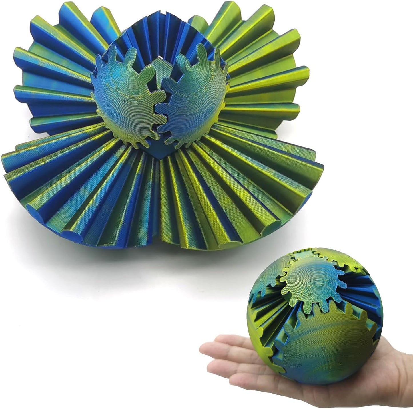 3D Printed Gear Ball Spin Ball, 4inch Large Gear Ball Fidget Toy, Gear Sphere Cube Puzzle, Gearball Fidget Desk Toy, Gearsphere Steampunk Whirling Wonder Fidget Stress Ball (Yellow Blue)