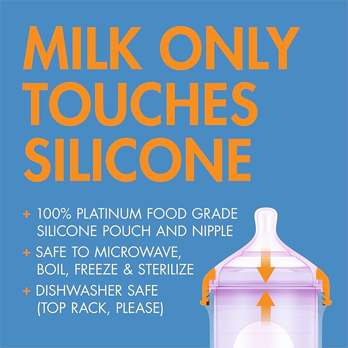 Boon Nursh Reusable Silicone Pouch Baby Bottles - Medium Flow Nipple - Silicone Baby Bottle Pouch and Nipple - Baby Feeding Essentials - Color Block - 3-6 Months - 3 Count - 8 Ounce