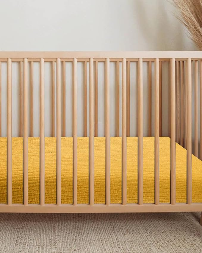 Mini Crib Sheets for Baby, Fitted Pack N Play Mattress and Mini Cribs 24" x 38", Neutral Muslin Cotton Mini Crib Mattress Sheet with Boho Style, Soft and Breathable Comfort (Mustard Yellow)