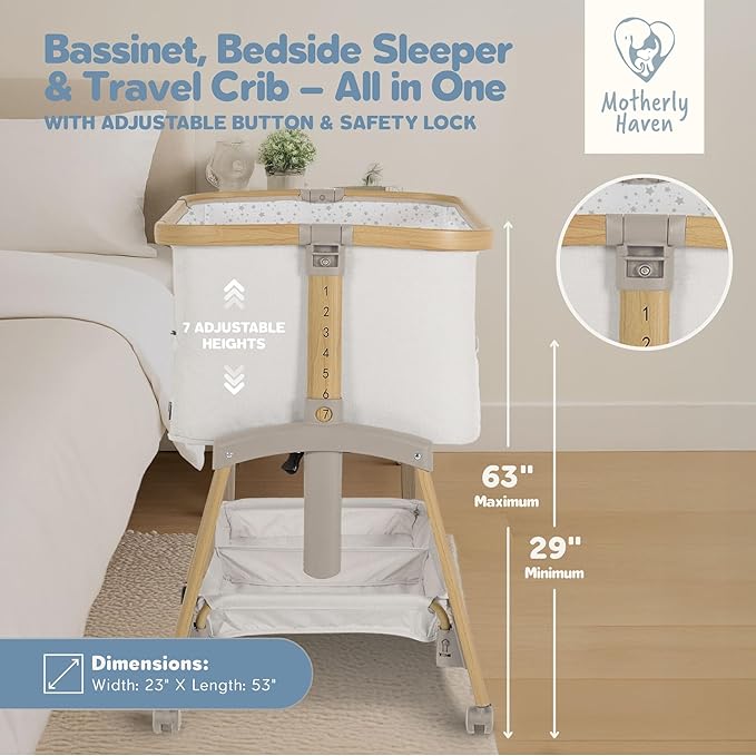 Baby Bassinet Bedside Sleeper, Portable Crib for Newborns, Adjustable 7-Height Auto-Lock, with Wheels, Soft Mattress & Breathable Mesh (White - with Mosquito Net)