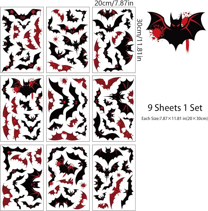 9 Sheets Halloween Window Stickers Clings Double-Sided Window Decals Black & Red Bats Designs Scary Blood Bat Windows Stickers for Spooky Halloween Party Supplies Glass Decoration